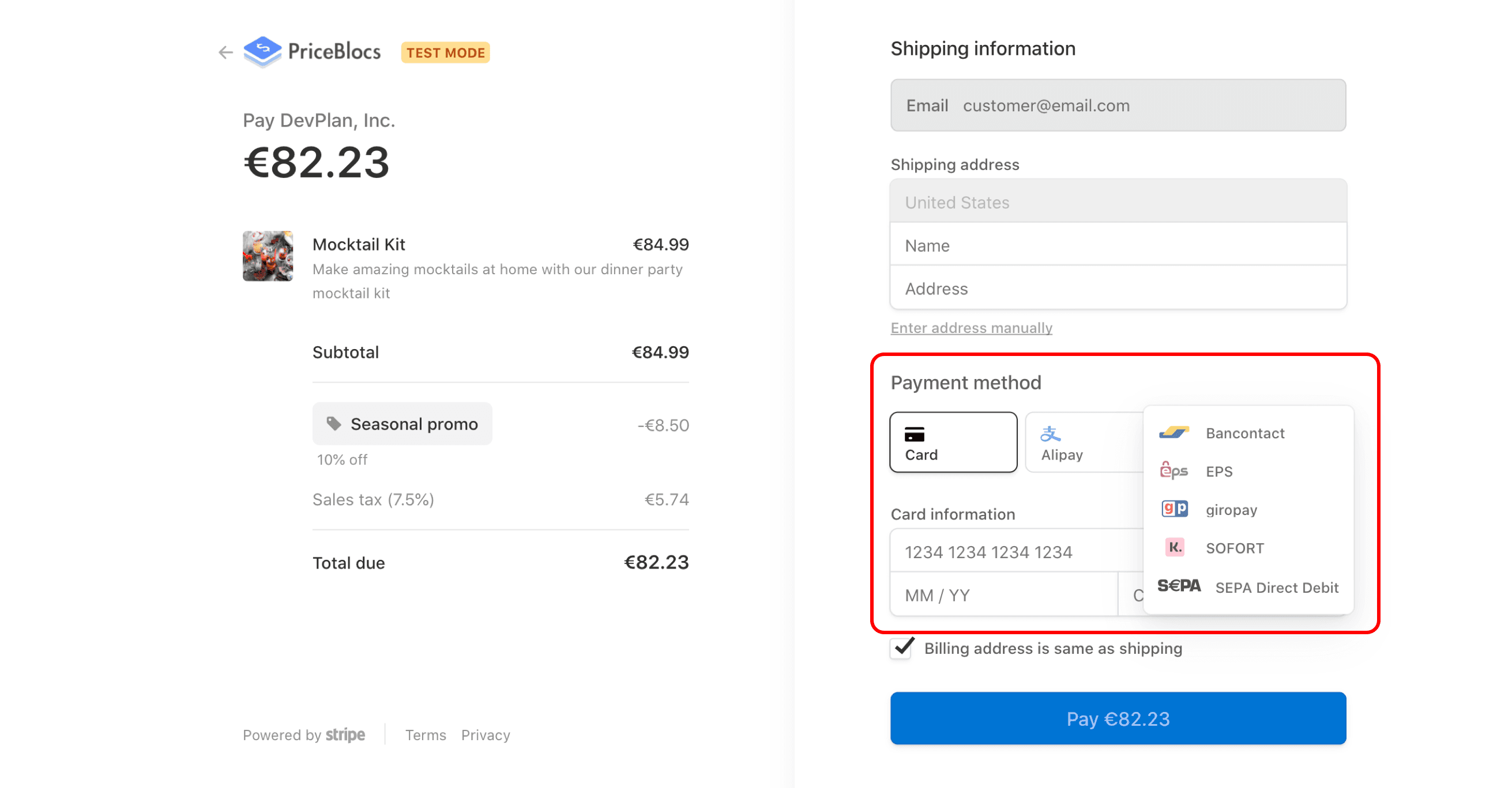 Payment methods in checkout