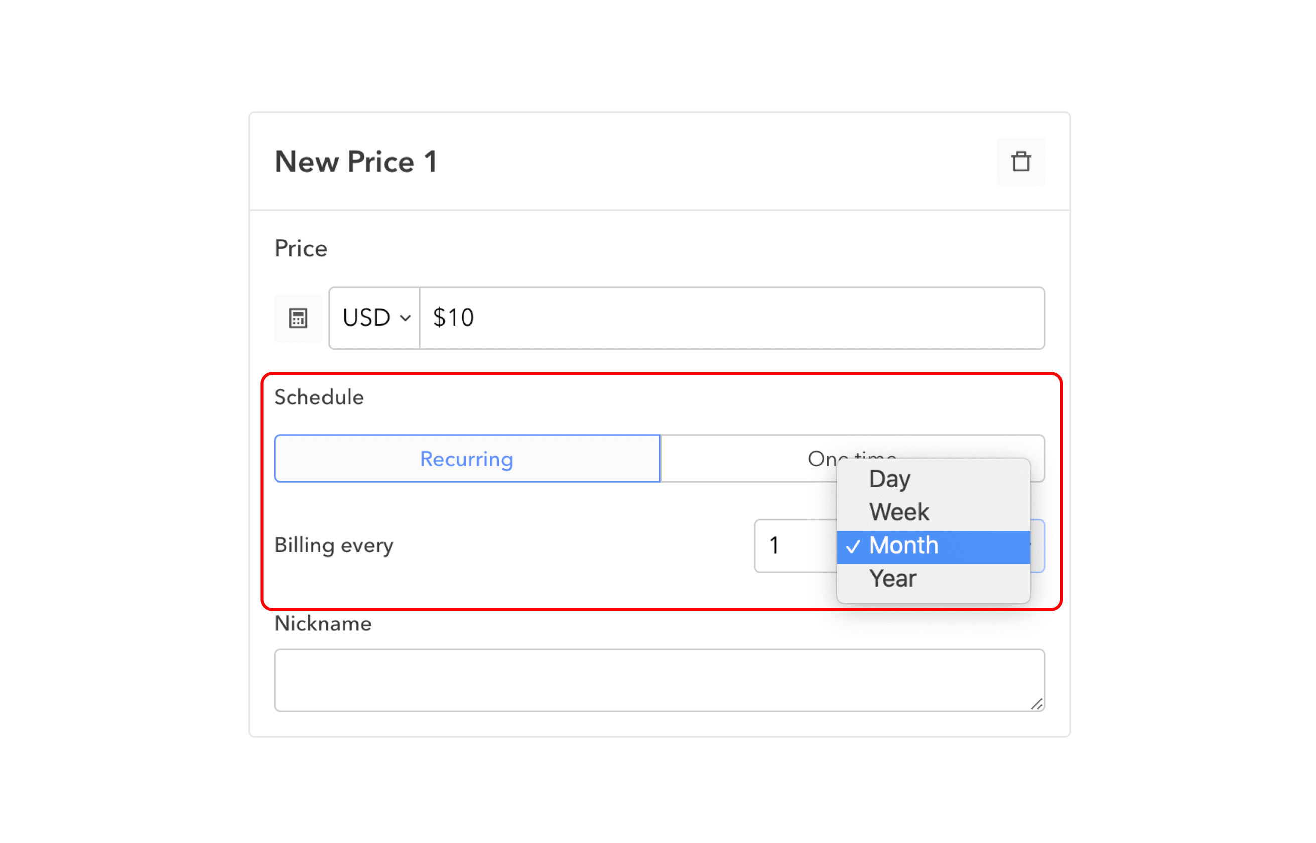 Prices schedule